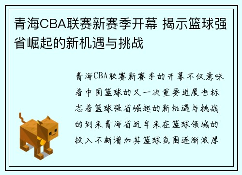 青海CBA联赛新赛季开幕 揭示篮球强省崛起的新机遇与挑战