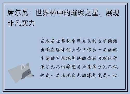 席尔瓦：世界杯中的璀璨之星，展现非凡实力