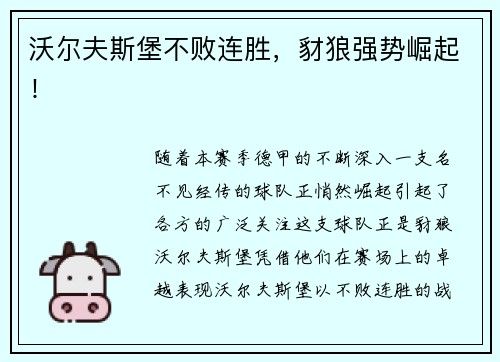 沃尔夫斯堡不败连胜，豺狼强势崛起！