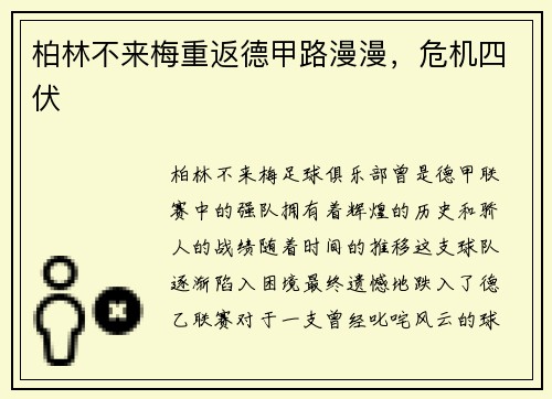 柏林不来梅重返德甲路漫漫，危机四伏