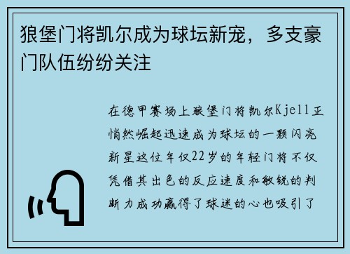 狼堡门将凯尔成为球坛新宠，多支豪门队伍纷纷关注